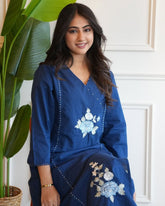 Blue Pure Soft Cotton Flower Dress with Pants